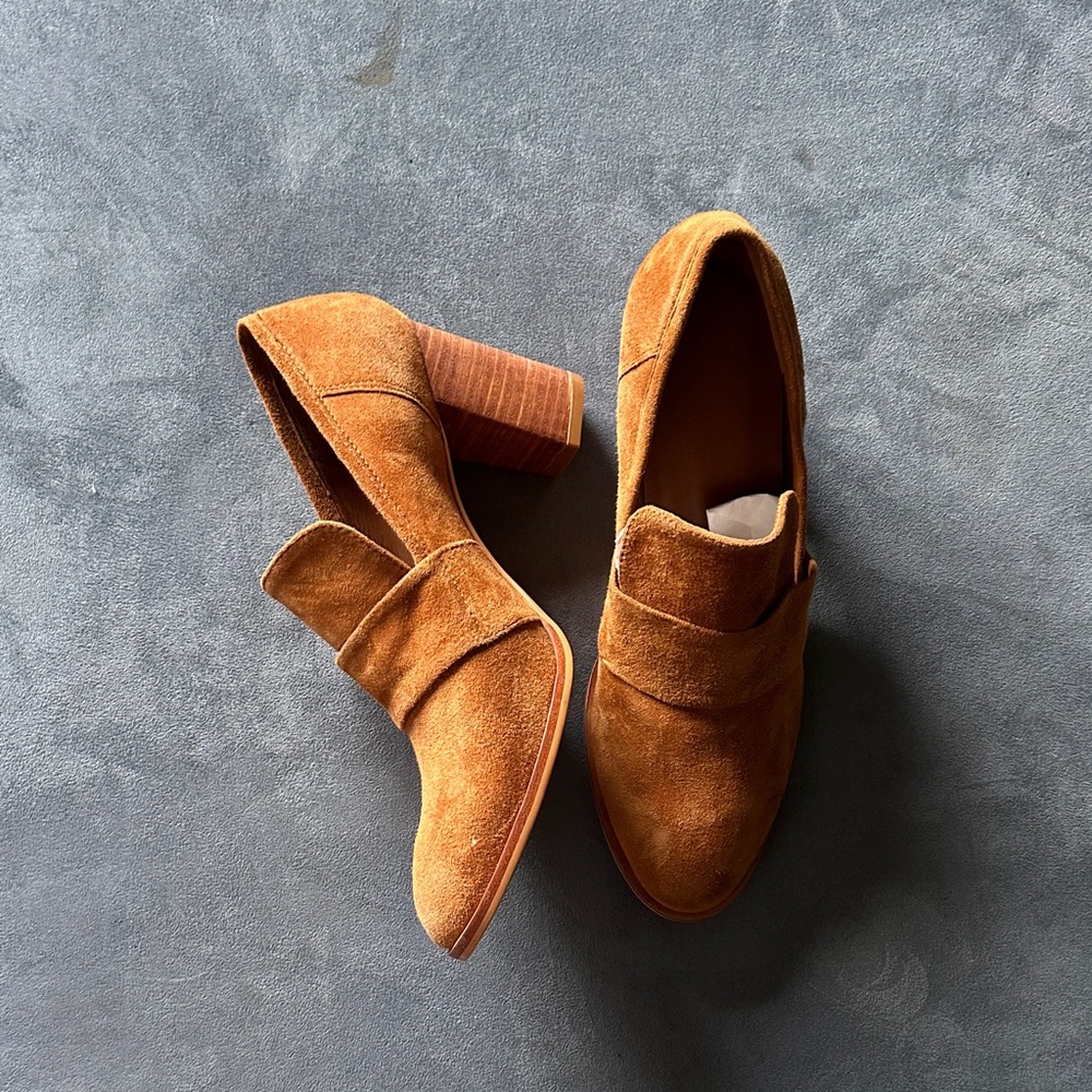 Able Tan Suede Heeled loafers !  brand new!